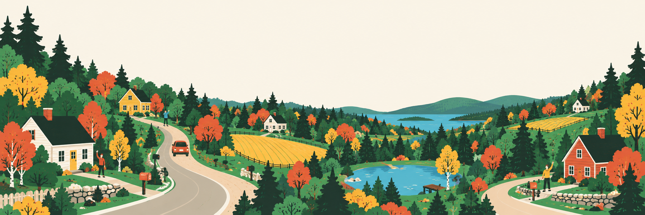 Illustrated aerial view of a neighborhood road in autumn