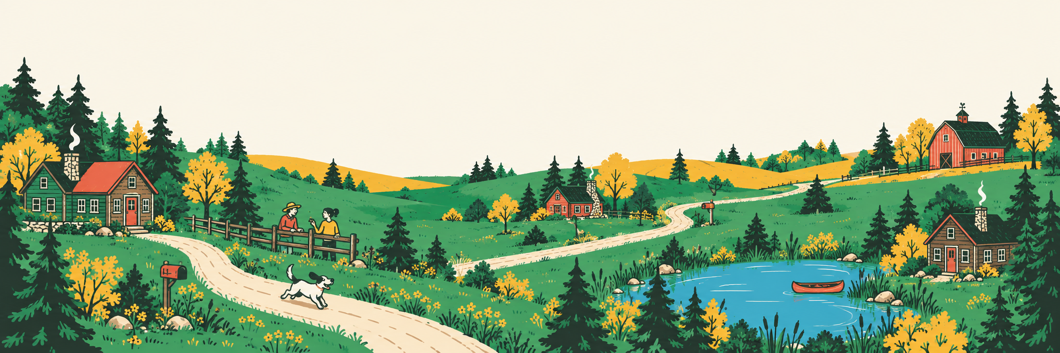 Illustration of neighbors chatting by a fence in a small community