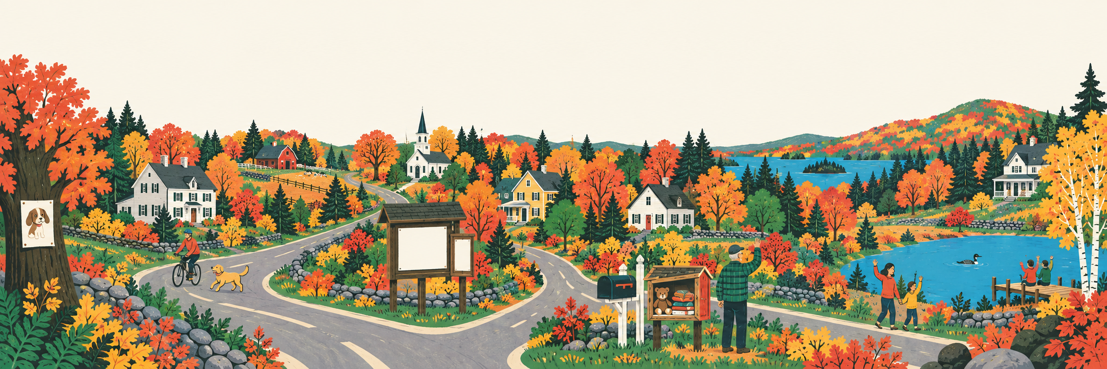 Illustrated neighborhood bulletin board with fall trees and community details
