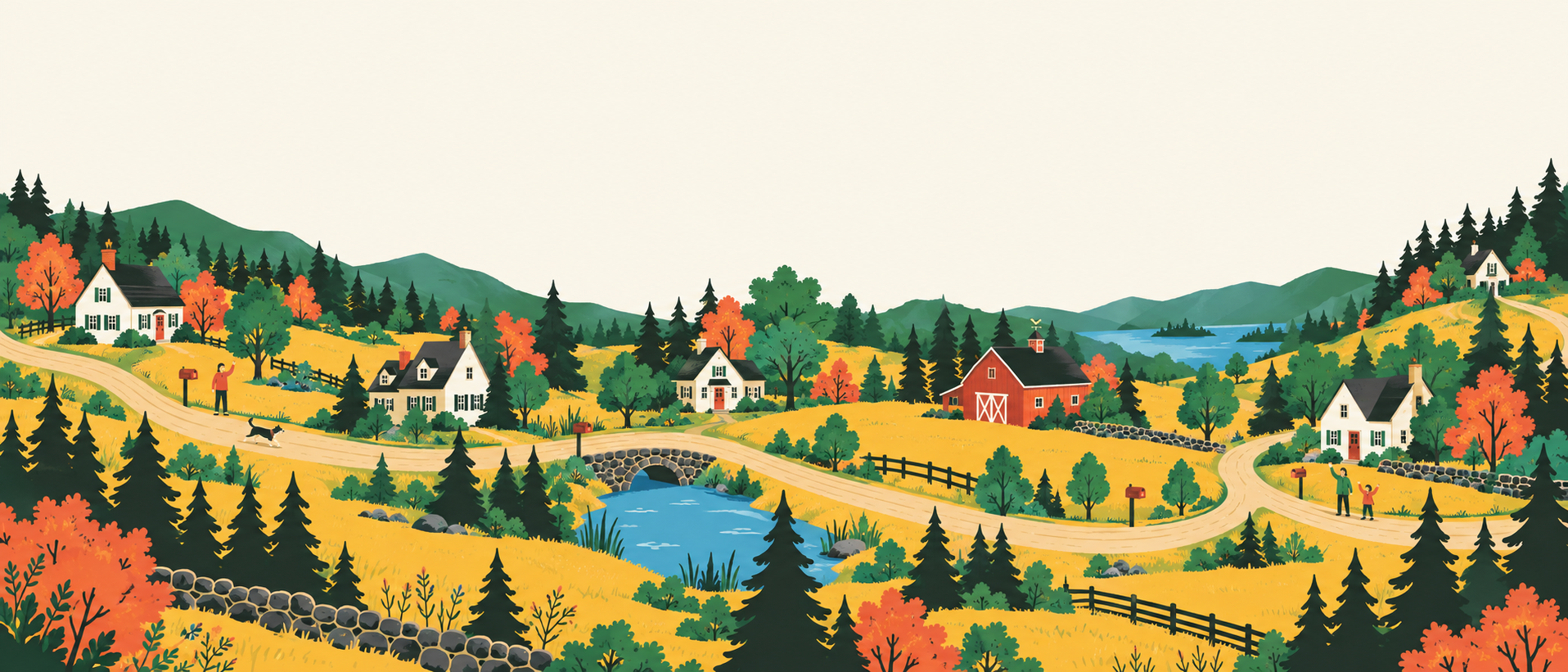 Wide illustrated rural road scene with mailboxes and neighbors
